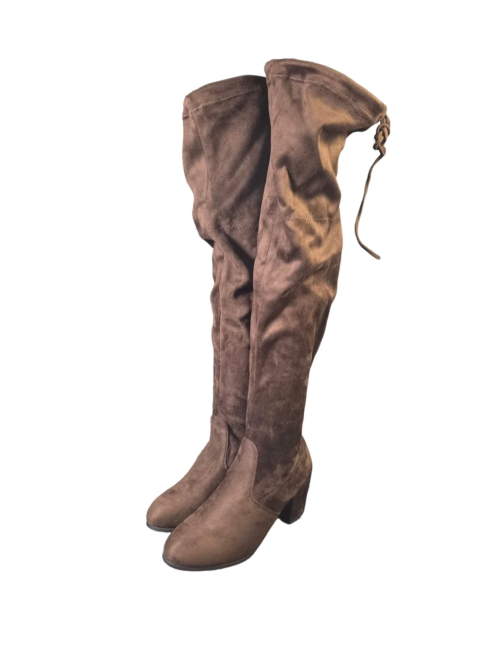 Womens Brown Over The Knee Boots Size 9 Block Heel Tie Back Stretch Thigh High